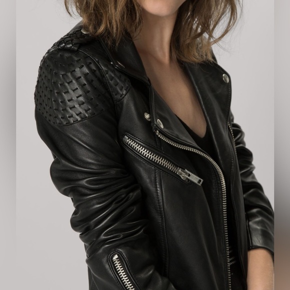 Chocolate brown Maje lambskin leather structured moto jacket - Picture 4 of 5